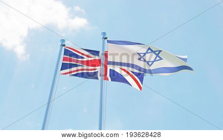 Great Britain and Izrael, two flags waving against blue sky. 3d image
