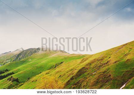 Beautiful Mountain Landscape In Fog And Sky