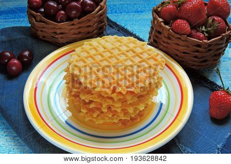 Waffles And Fruit, Strawberries And Cherries