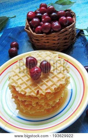 Waffles And Fruit, Strawberries And Cherries