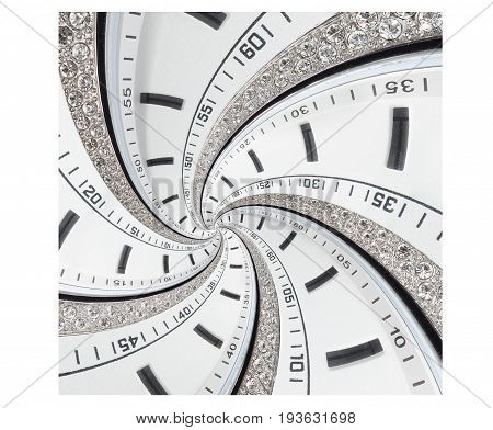 Futuristic modern white strass spiral clock watch abstract fractal surreal background. Watch clock unusual abstract texture pattern fractal background. Modern stylish abstract fractal clock helix
