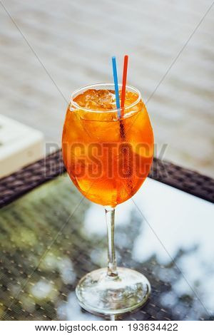 Beautiful Orange Cocktail Aperol Syringe With Ice Cubes