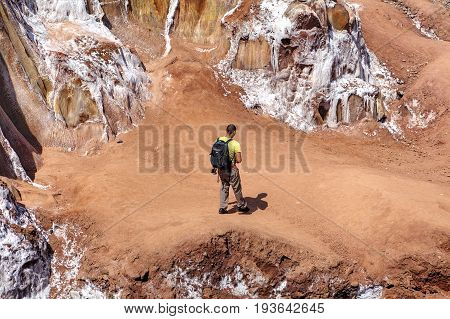 Hormuz Island Hormozgan Province Iran - 17 april 2017: Iranian Island of Ormuz in Persian Gulf Barren soil salt mountains tourist walks around the salt glaciers rainbow island.