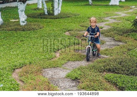 Little Boy On A Balance Bike. Caught In Motion, On A Driveway. Preschool Child's First Day On The Bi