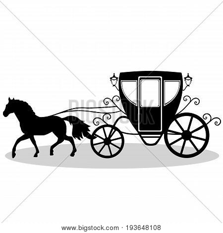 Wedding carriage. Decorative brougham. Coach. Vintage carriage with the horse isolated on white background. Also suitable for invitation card. Vector illustration.