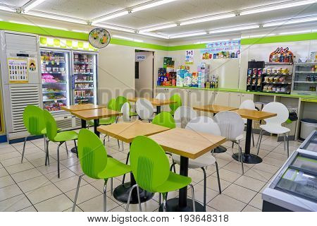 SEOUL, SOUTH KOREA - CIRCA MAY, 2017: inside a CU convenience store. CU is a convenience store franchise chain in South Korea.