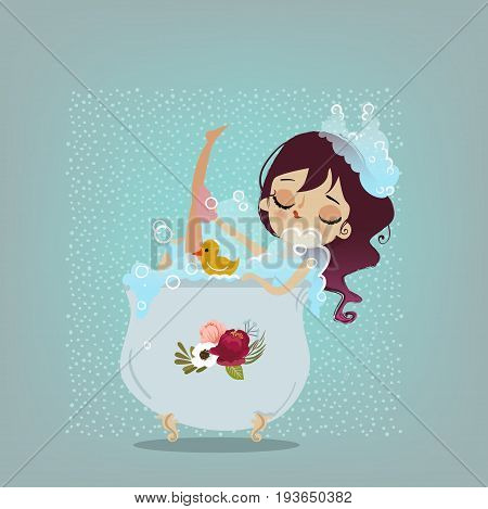 cute cartoon beautiful colorful happy girl in bath