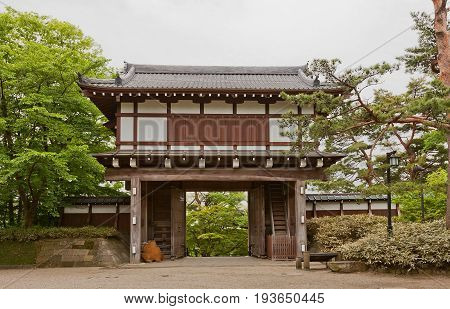 AKITA JAPAN - MAY 26 2017: Reconstructed Main Gate (Otemon) of Kubota Castle Japan. Castle was founded in 1603 by Satake Yoshinobu destroyed by fire in 19th c