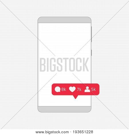 Message about new subscribers and comments. Depersonalized Frameless Smartphone outline. Pixel perfect. Grey gradients. Vector illustration. Eps10 Vector. White background.