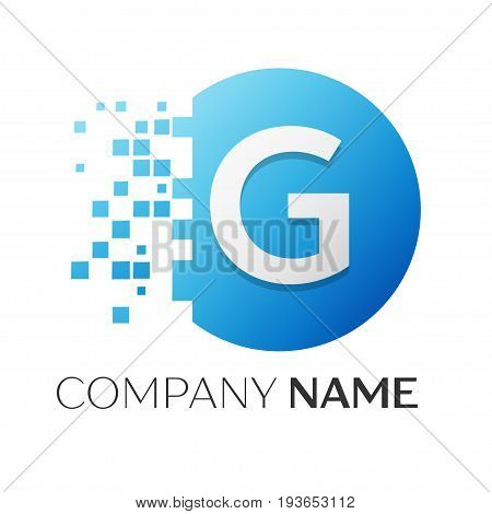 Realistic letter G vector logo symbol in the colorful circle with shattered blocks on white background. Vector template for your design