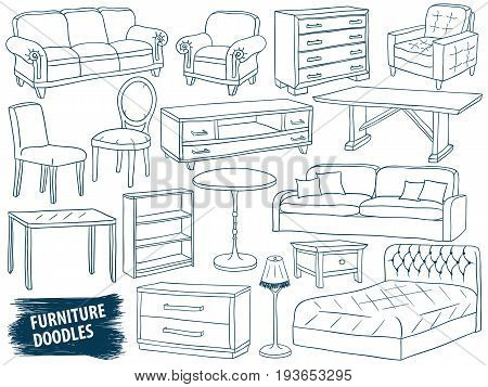 Furniture doodles set. Interior design sketch collection. Home accessories. Modern armchair. Retro sofa. Wooden table. Room interior. Bed lamp and chest of drawers. Scrawl furniture vector.