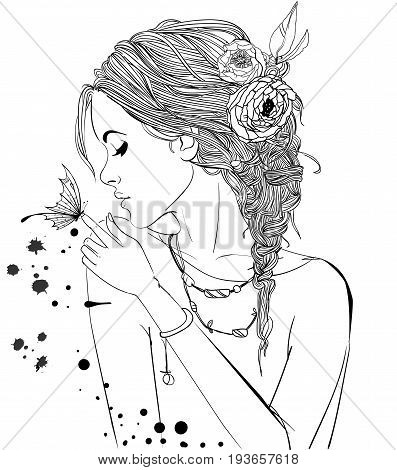 beautiful portrait of cartoon girl with butterfly