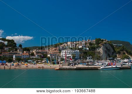 NUMANA, JULY 1, 2017: View of Numana harbor on the adriatic sea, Marche region, Italy
