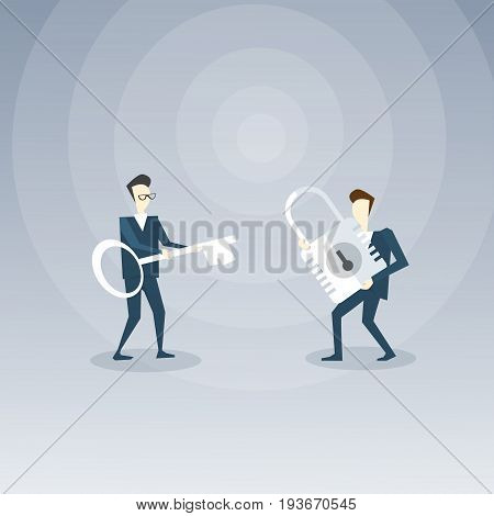 Two Businessmen Holding Key And Lock Team Business Opportunity Concept Vector Illustration