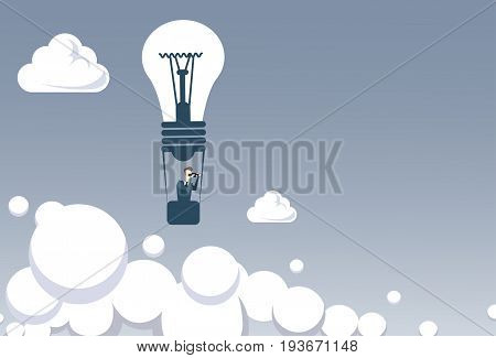 Business Man Fly On Light Bilb Air Balloon Hold Binocular Looking For Successful Future Concept Flat Vector Illustration