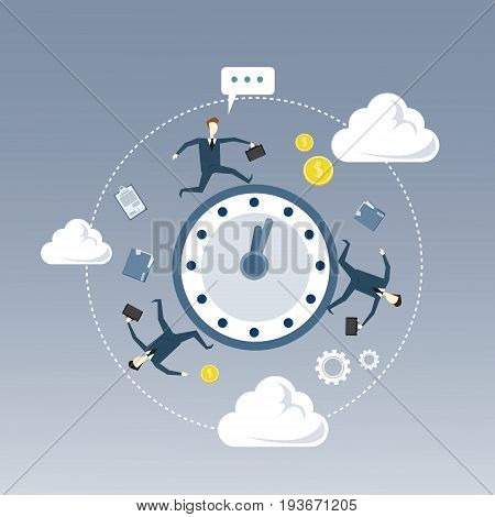 Business People Group Turning Around Alarm Clock Deadline Time Management Concept Flat Vector Illustration