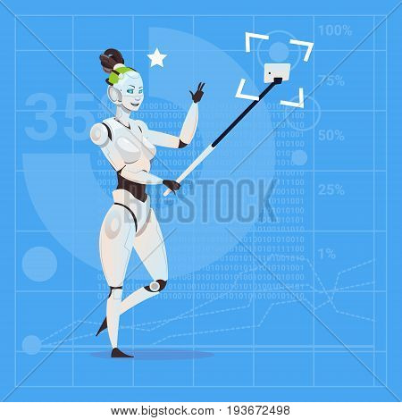 Modern Robot Female Taking Selfie Photo Futuristic Artificial Intelligence Technology Concept Flat Vector Illustration