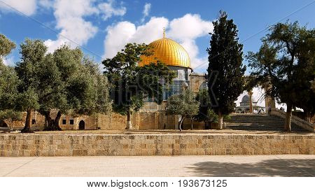 Dome of the Rock in Jerusalem over the Temple Mount. Golden Dome is the most known mosque and landmark in Jerusalem and sacred place for all muslims.