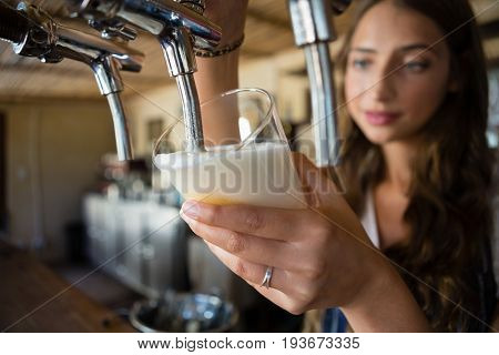 Close-up of barmaid pouring beer from tap in glass at restaurant