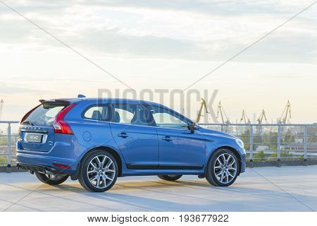 St. Petersburg Russia - June 17 2017: A modern luxury swedish car Volvo XC60 R-Design Polestar Edition on the roof of the building on a test drive in St. Petersburg June 17 2017