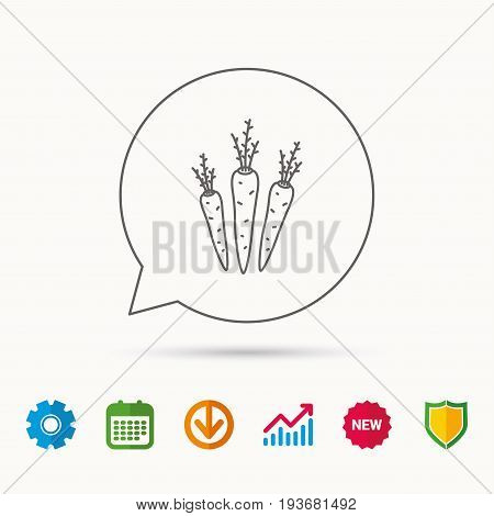Carrots icon. Vegetarian food sign. Natural vegetables symbol. Calendar, Graph chart and Cogwheel signs. Download and Shield web icons. Vector