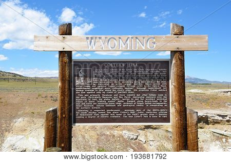 CODY, WYOMING - JUNE 24, 2017: Colters Hell sign. The area of thermal activity, is named for John Colter the mountain man and explorer possibly the first white-man to have traveled this area.