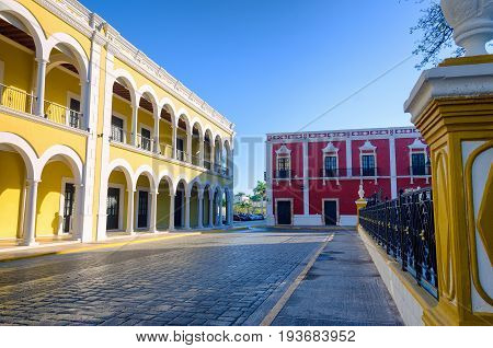 View of street on the main plaza in Campeche Mexico
