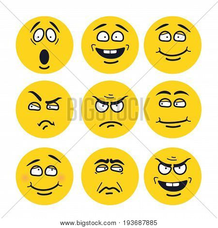 cartoon faces with expressions. Emotion set. Scared, happy, smiling, skeptical, ungry, pensive, embarrassed, upset, insidious.