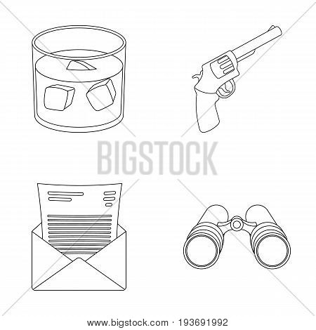 A glass of whiskey, a gun, binoculars, a letter in an envelope.Detective set collection icons in outline style vector symbol stock illustration .