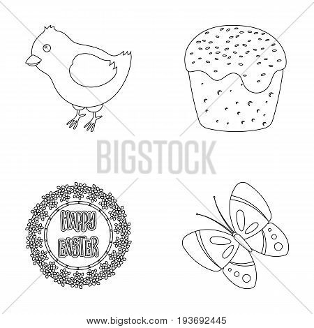 Easter cake, chicken, butterfly and greeting sign.Easter set collection icons in outline style vector symbol stock illustration .