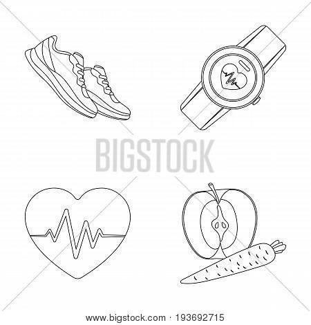 Heart rhythm, vitamins and other equipment for training.Gym and workout set collection icons in outline style vector symbol stock illustration .