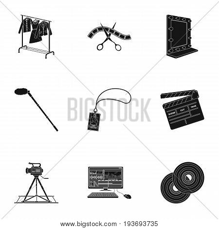A movie camera, a floodlight, a chromakey and other equipment for the cinema.Making movie set collection icons in black style vector symbol stock illustration .