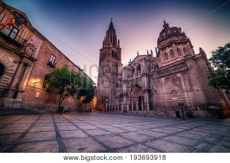 Toledo, Spain: the old town and the Cathedral Squere in the early morning