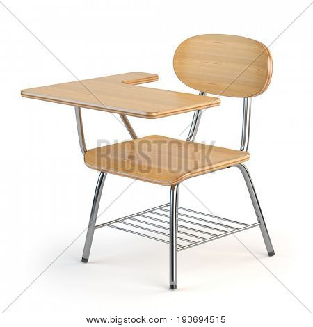 Wooden school desk and chair isolated on white. 3d illustration