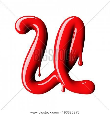 Glossy red letter U uppercase. 3D rendering font with glint isolated on white background.