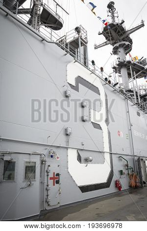Ship Tour USS Kearsarge (LHD 3) Wasp-class amphibious assault ship: Large number 3 painted on exterior, flight deck. Fleet Week NEW YORK MAY 25 2017.
