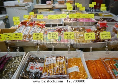 TOKYO, JAPAN - MAY 14 2017: Nakamise shopping street for Tourists shop souvenir at the Senso-ji Temple,  the famous souvenir in Tokyo.