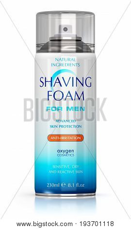 3D render illustration of blue metal sprayer container with shaving foam or gel isolated on white background with reflection effect