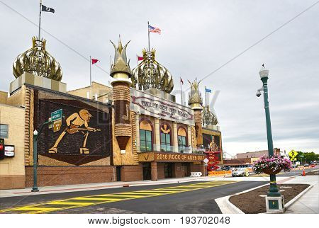 MITCHELL, SOUTH DAKOTA - JUNE 22, 2017: The Corn Palace. Built in 1892 as a way for farmers to display their bounty. It is annually covered with new murals.
