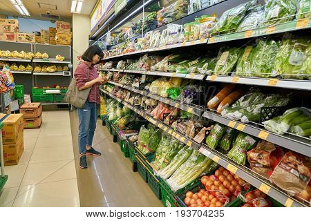 SEOUL, SOUTH KOREA - CIRCA MAY, 2017: inside a grocery store in Seoul. CU is a convenience store franchise chain in South Korea.
