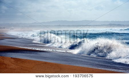 Wave and sand beach for background. Beautiful beach surface texture. Sea wave on sand beach digital illustration. Oceanic water tide on seashore. Belmont beach Australia.