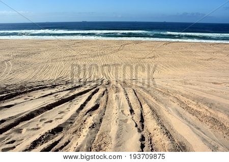 Tyre marks on an offroad driving seaside dune. View from the top of the sand dune at Belmont beach (NSW Australia).