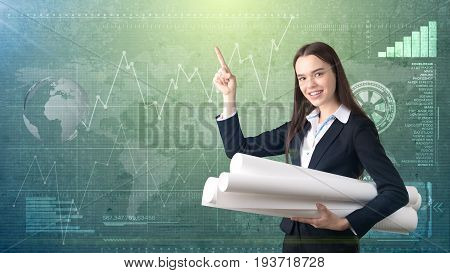Building, Developing, Consrtuction And Architecture Concept - Smiling Woman In Suit With Blueprint A