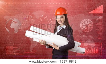 Building, Developing, Consrtuction And Architecture Concept -businesswoman In Orange Helmet, Glasses