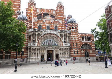 LONDON UNITED KINGDOM - JUNE 22 2017: Westminster Cathedral Catholic Church neo-Byzantine style. It is the largest Catholic church in England and Wales and the seat of the Archbishop of Westminster.