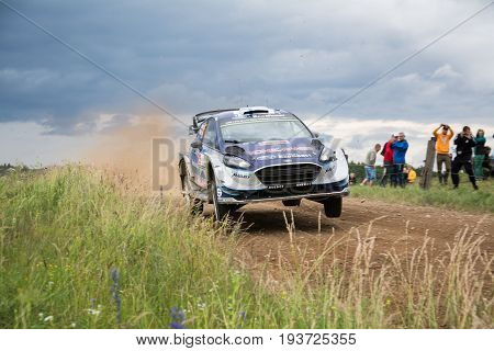 MIKOLAJKI, POLAND - JUL 1: Teemu Suninen and his codriver Mikko Markkula in a Ford Fiesta WRC race in the 74nd Rally Poland, on July 2, 2017 in Mikolajki, Poland.