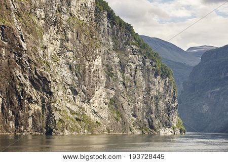 Norwegian fjord rocky landscape. Hellesylt Geiranger travel route. Tourism