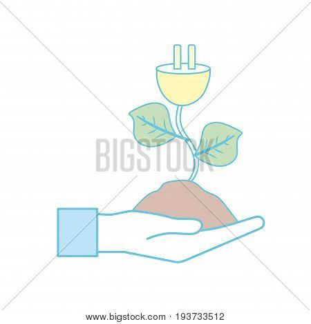 hand with power cable plant with leaves and ground vector illuctration