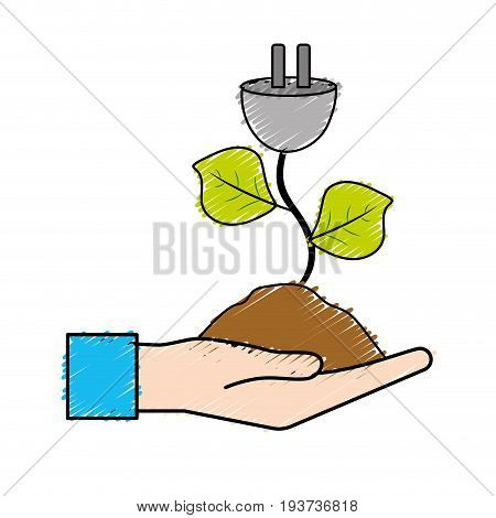 hand with power cable plant with leaves and ground vector illuctration