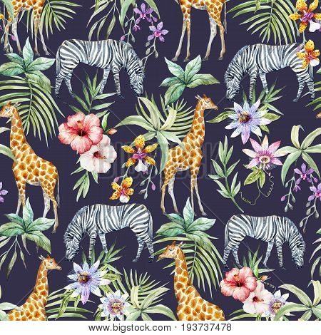 Beautiful seamless pattern with tropical flowers and wild zebra and giraffe